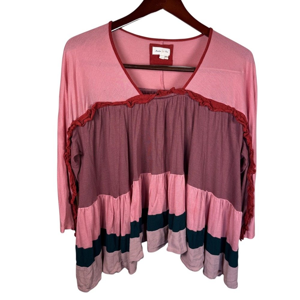 Anthropology‎ Meadow Rue Pink Ruffle Tiered V Neck Long Sleeve Tunic Top Size XS